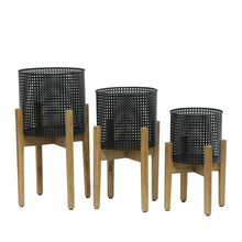 Load image into Gallery viewer, Transitional Metal Mesh Planter with Wooden Base, Set of 3, Black and Brown