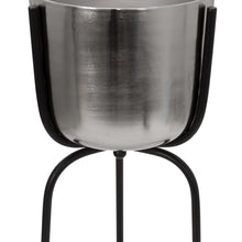 Load image into Gallery viewer, Round Metal Planter with Tripod Base, Large, Silver and Black
