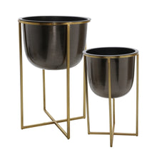 Load image into Gallery viewer, Round Metal Planter with X Shape Tubular Stand, Set of 2, Black and Brass