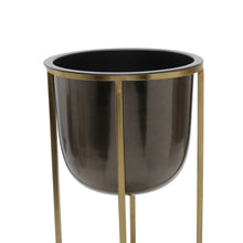 Load image into Gallery viewer, Round Metal Planter with X Shape Tubular Stand, Set of 2, Black and Brass