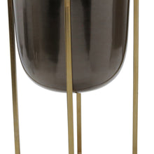 Load image into Gallery viewer, Round Metal Planter with X Shape Tubular Stand, Set of 2, Black and Brass