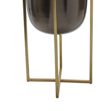Load image into Gallery viewer, Round Metal Planter with X Shape Tubular Stand, Set of 2, Black and Brass