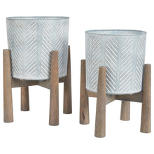 Load image into Gallery viewer, Round Metal Planter Set with Wood Stand,Set of 2,Galvanized Gray and Brown