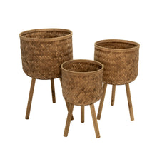Load image into Gallery viewer, Round Bamboo Planters with Angled Tripod Legs, Set of 3, Brown