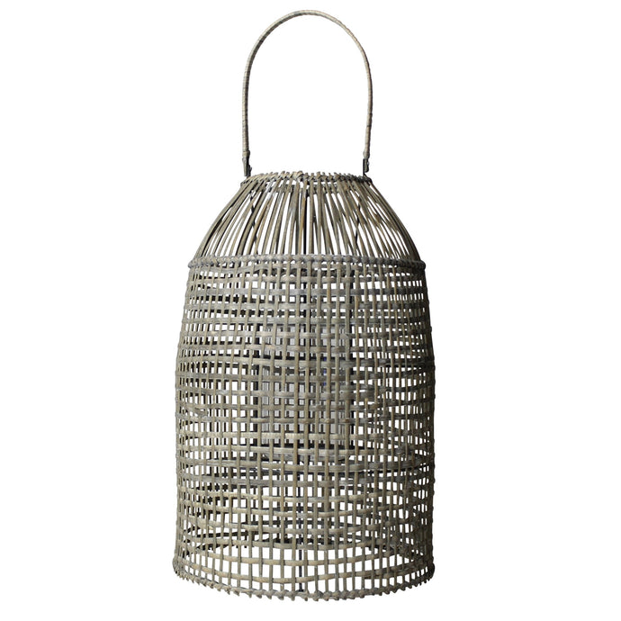 Woven Rattan Frame Lantern with Glass Hurricane, Natural Brown