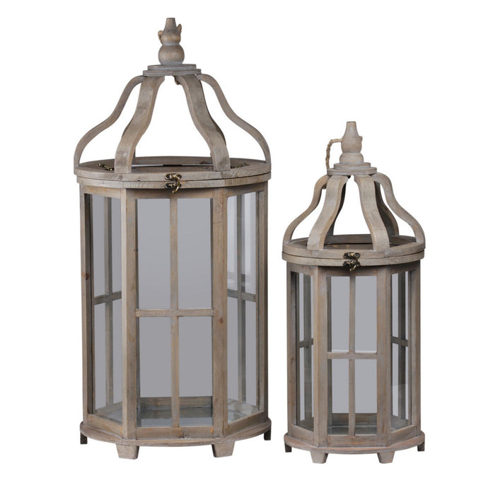 Temple Design Wooden Lantern with Rope Hanger, Set of 2, Gray