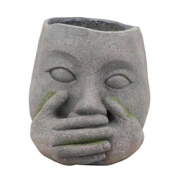 Resin Human Head Planter with Hands on Mouth, Gray