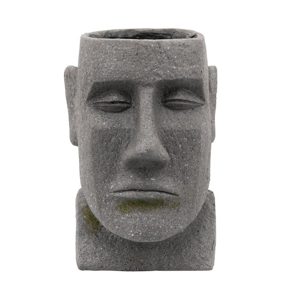 Moai Head Design Resin Planter with Round Opening, Gray