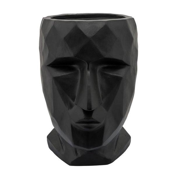 Resin Human Face Planter with Faceted Sides, Black