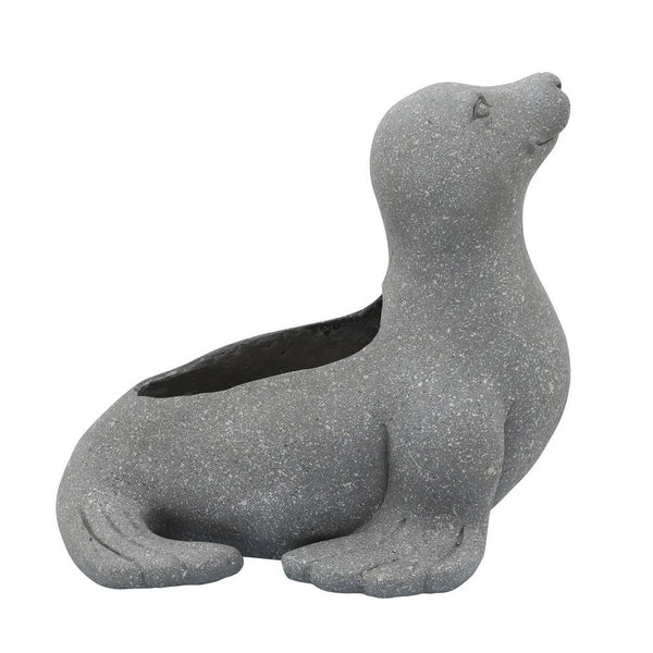 Sea Lion Design Resin Planter with Obround Opening, Gray