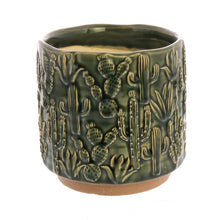 Load image into Gallery viewer, Round Ceramic Cachepot with Cactus Motif, Small, Green