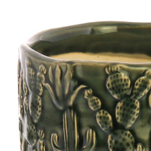 Load image into Gallery viewer, Round Ceramic Cachepot with Cactus Motif, Small, Green