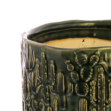 Load image into Gallery viewer, Round Ceramic Cachepot with Cactus Motif, Large, Green