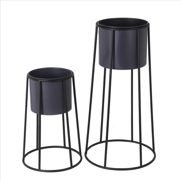 Metal Round Planter with Round Base, Set of 2, Black and Gray
