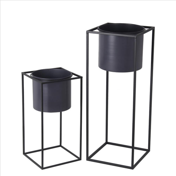 Metal Round Planter with Square Base, Set of 2, Black and Gray