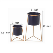 Load image into Gallery viewer, Metal Round Planter with Triangle Base, Set of 2, Gold and Gray