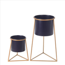 Load image into Gallery viewer, Metal Round Planter with Triangle Base, Set of 2, Gold and Gray
