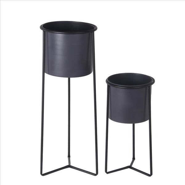 Metal Round Planter with Y Shape Base, Set of 2, Black and Gray