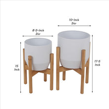 Load image into Gallery viewer, Metal Planter with Round Wooden Legs, Set of 2, White and Brown