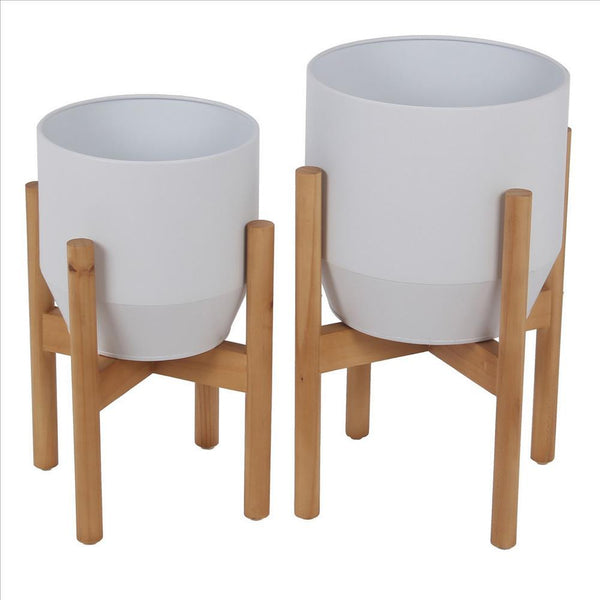 Metal Planter with Round Wooden Legs, Set of 2, White and Brown