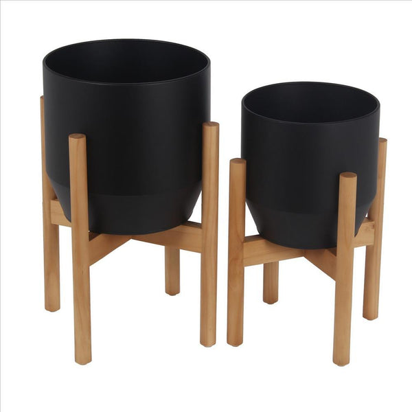 Metal Planter with Round Wooden Legs, Set of 2, Black