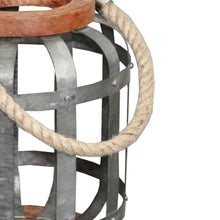 Load image into Gallery viewer, Wooden Base Bellied Shape Industrial Hanging Galvanized Lantern with Rope Handle, Gray