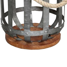 Load image into Gallery viewer, Wooden Base Bellied Shape Industrial Hanging Galvanized Lantern with Rope Handle, Gray