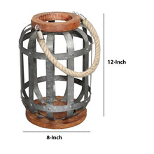Load image into Gallery viewer, Wooden Base Bellied Shape Industrial Hanging Galvanized Lantern with Rope Handle, Gray
