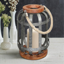 Load image into Gallery viewer, Wooden Base Bellied Shape Industrial Hanging Galvanized Lantern with Rope Handle, Gray