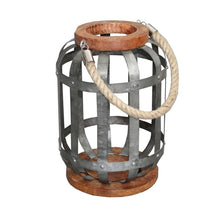 Load image into Gallery viewer, Wooden Base Bellied Shape Industrial Hanging Galvanized Lantern with Rope Handle, Gray