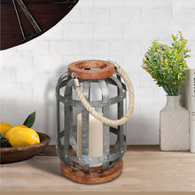 Load image into Gallery viewer, Wooden Base Bellied Shape Industrial Hanging Galvanized Lantern with Rope Handle, Gray