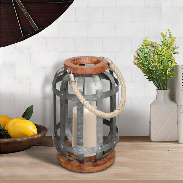 Wooden Base Bellied Shape Industrial Hanging Galvanized Lantern with Rope Handle, Gray