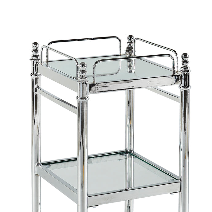 Transitional Style Metal Cart with Three Shelves, Silver and Clear