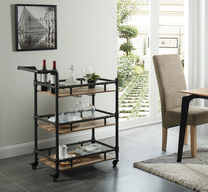 Rustic Three Tier Wood and Metal Serving Cart, Black and Brown