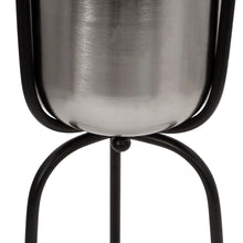 Load image into Gallery viewer, Round Metal Planter with Tripod Base, Silver and Black