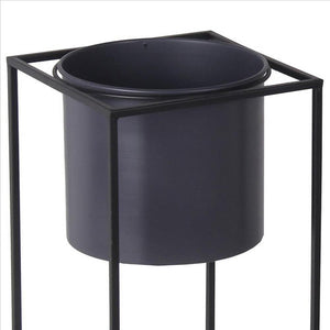 Metal Round Planter with Square Base, Set of 2, Black and Gray