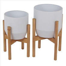 Load image into Gallery viewer, Metal Planter with Round Wooden Legs, Set of 2, White and Brown