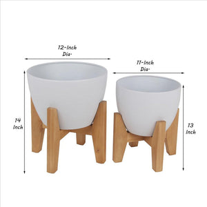 Round Planter with Cut Out Wooden Feet, Set of 2, White