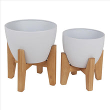 Load image into Gallery viewer, Round Planter with Cut Out Wooden Feet, Set of 2, White