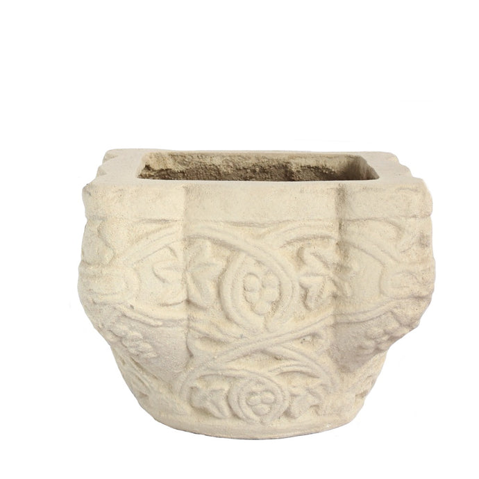 Tiffany Planter - Natural White Limestone in Square Shape - Front View on White Background